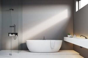 modern bathroom and tub including corner shower doors